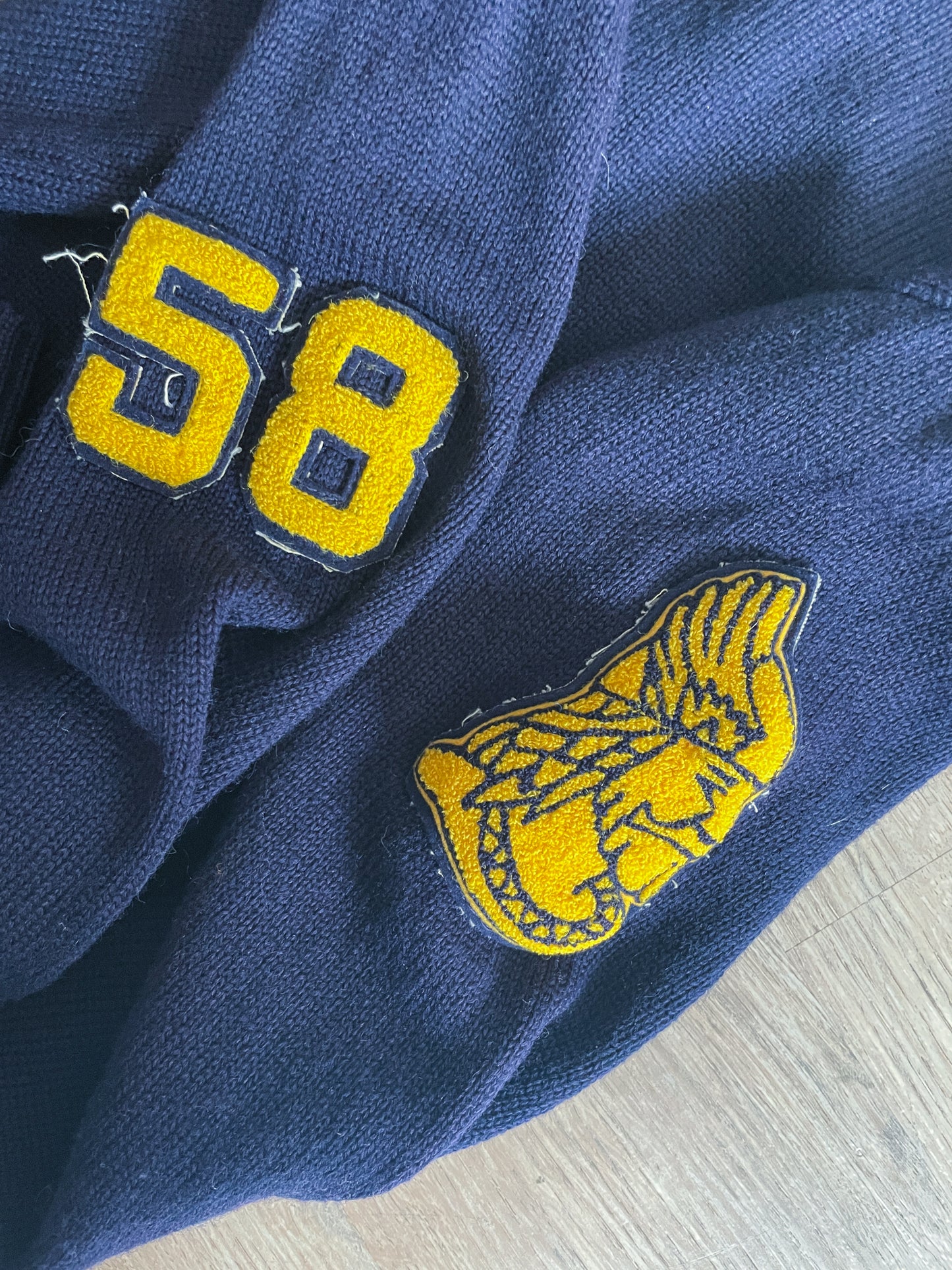 1950s Vintage Varsity Navy V-Neck Pullover Wool Gladiator 1958 Patch Sweater