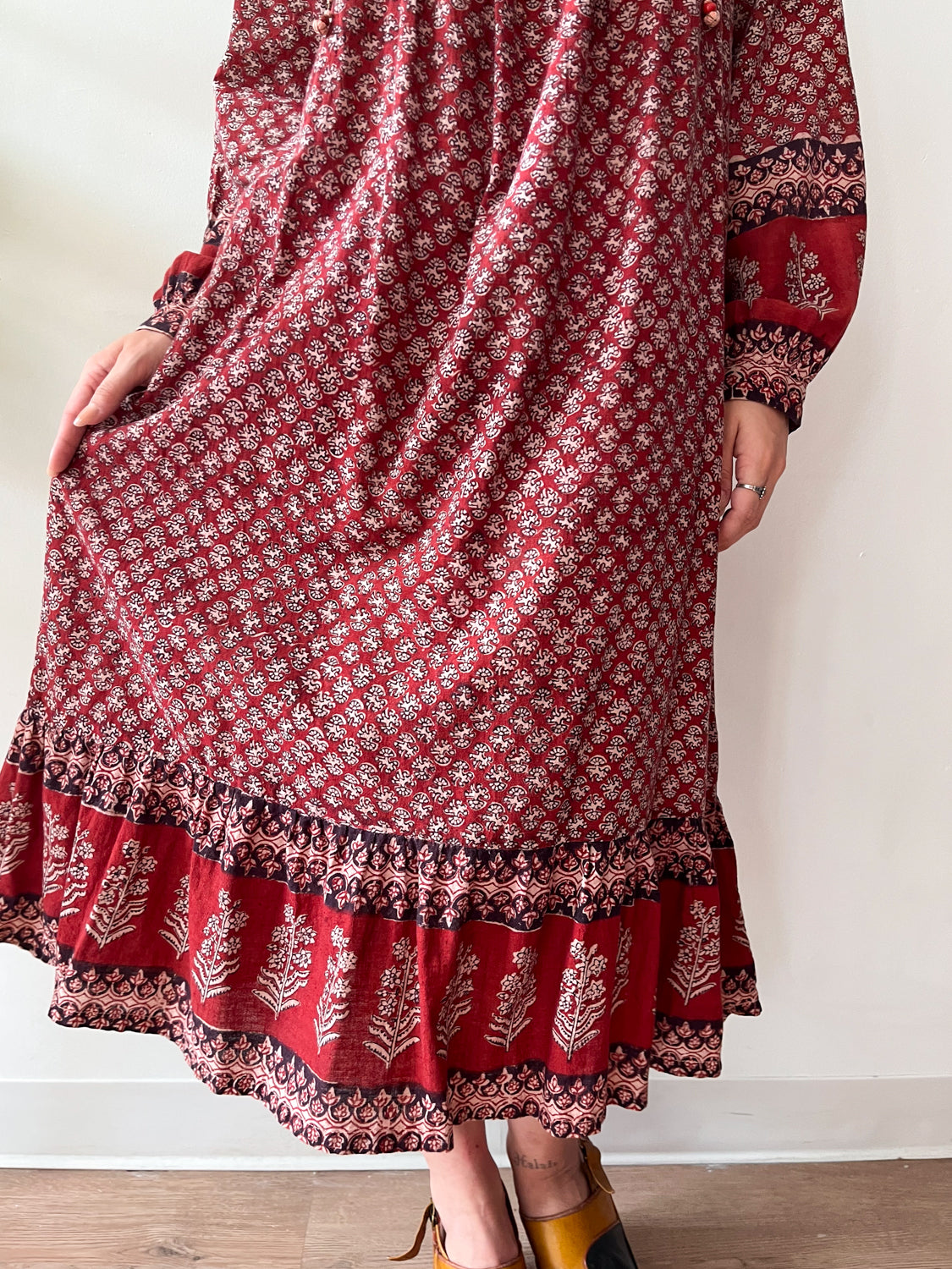 1970s Vintage Hand Block Printed Quilted Bib Indian Cotton Dress