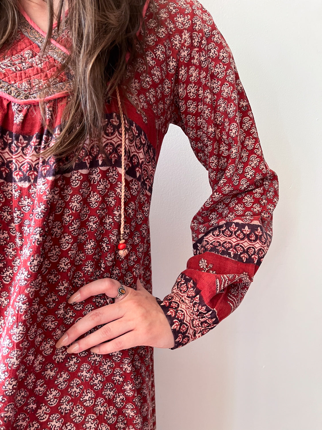 1970s Vintage Hand Block Printed Quilted Bib Indian Cotton Dress