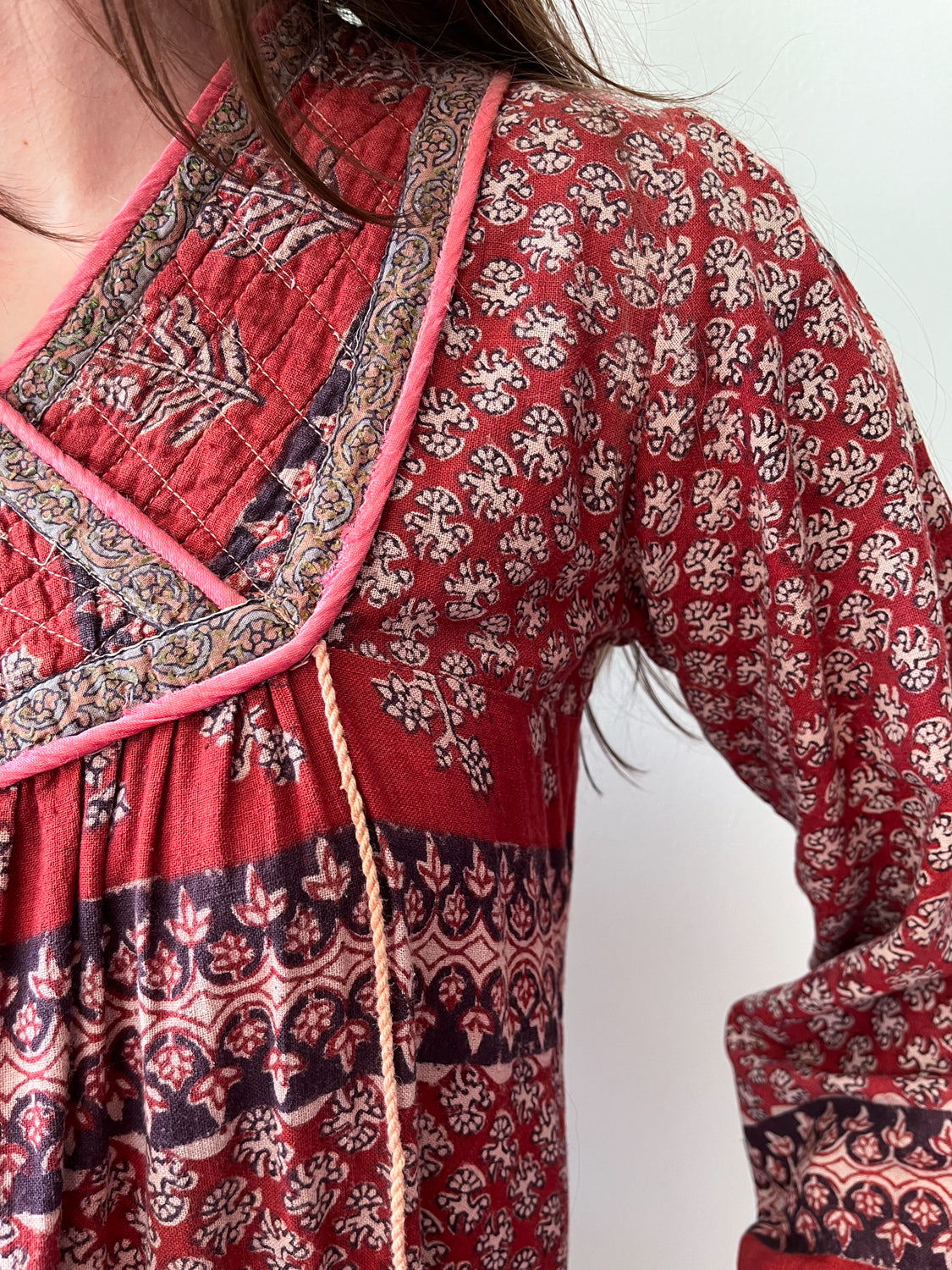 1970s Vintage Hand Block Printed Quilted Bib Indian Cotton Dress