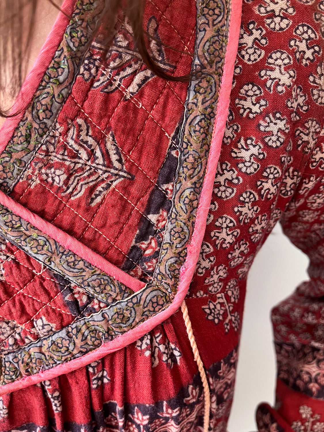 1970s Vintage Hand Block Printed Quilted Bib Indian Cotton Dress
