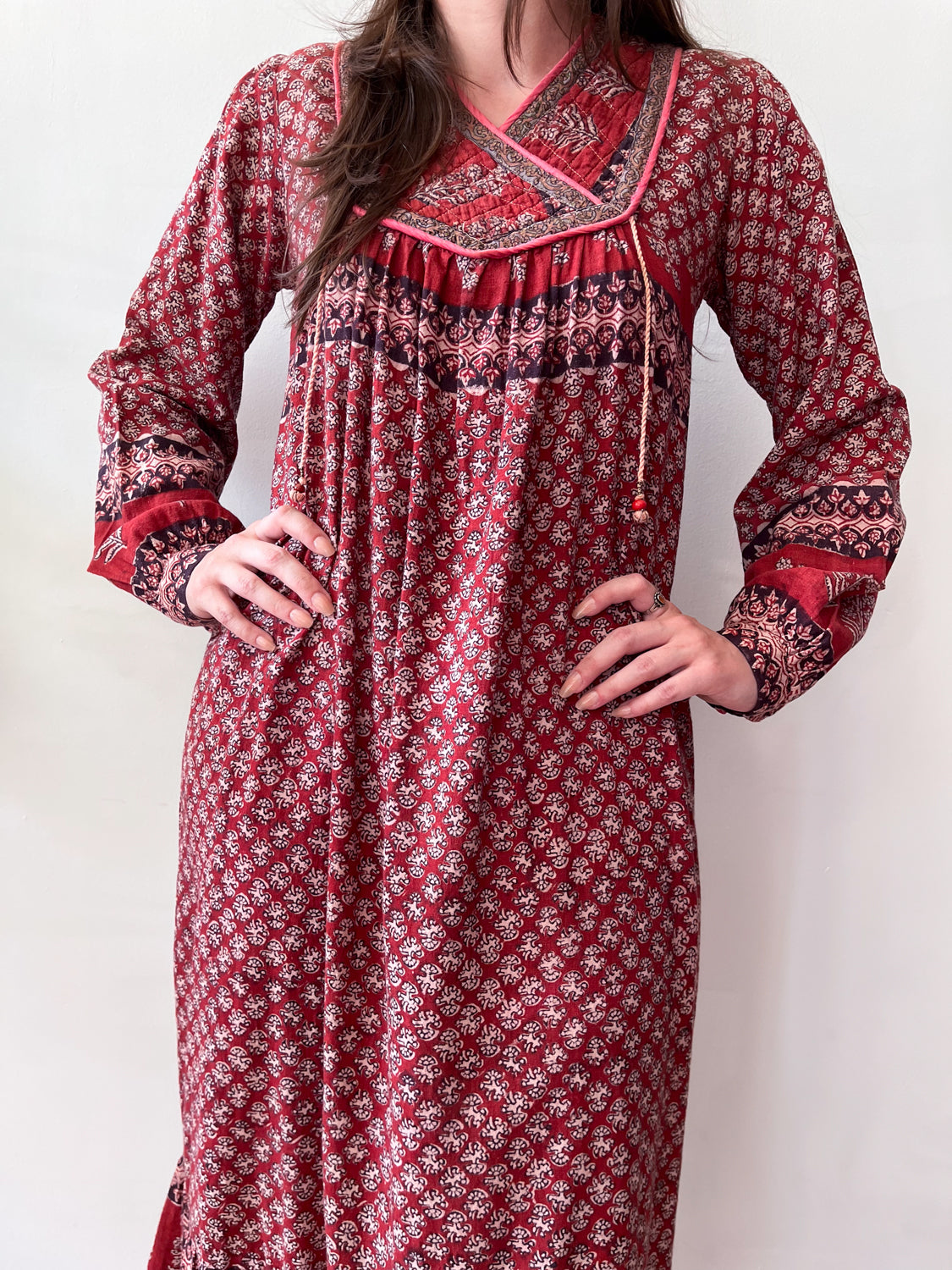 1970s Vintage Hand Block Printed Quilted Bib Indian Cotton Dress