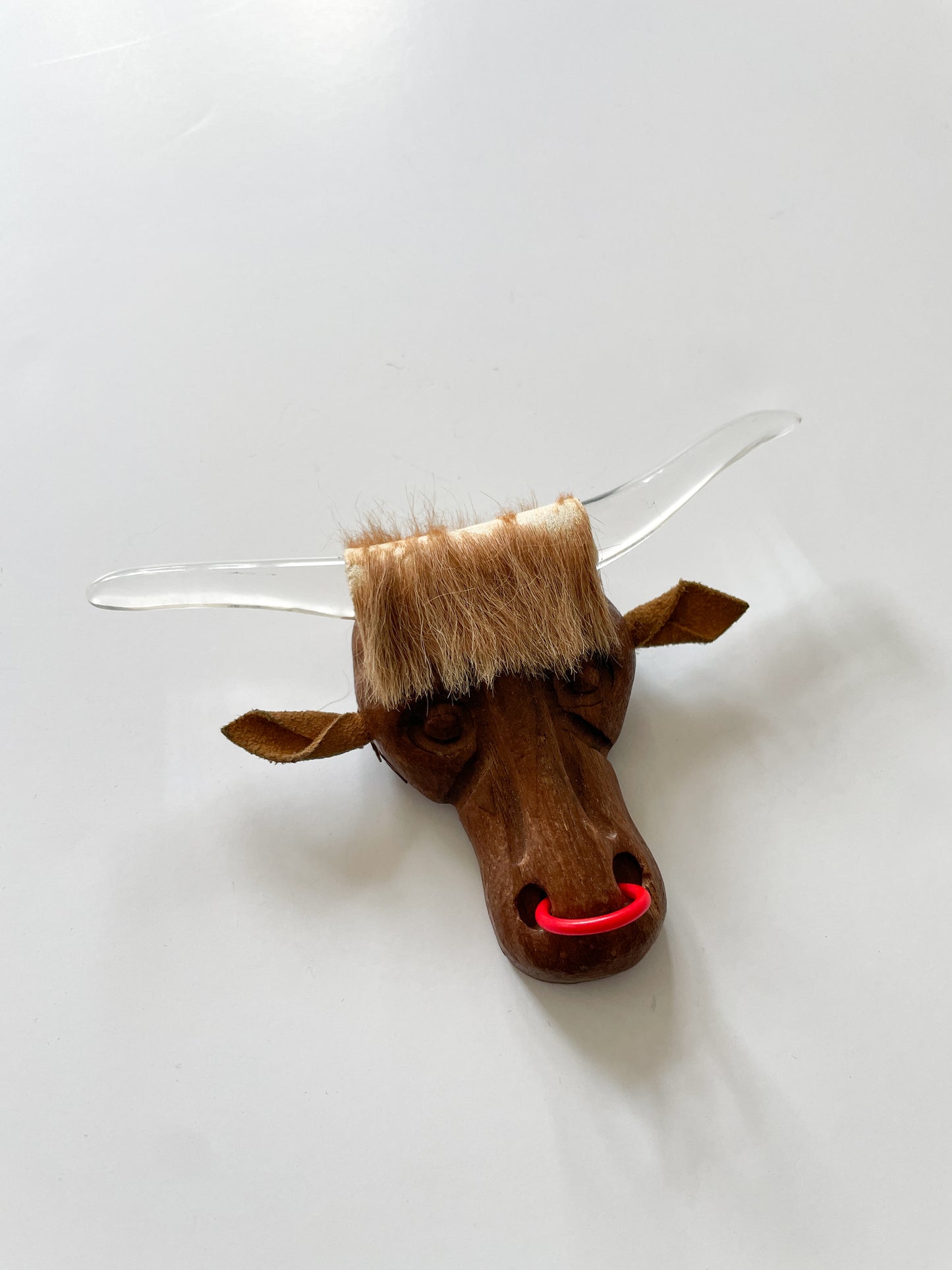 1940s Vintage Lucite Wood Suede Bull Head Novelty Brooch