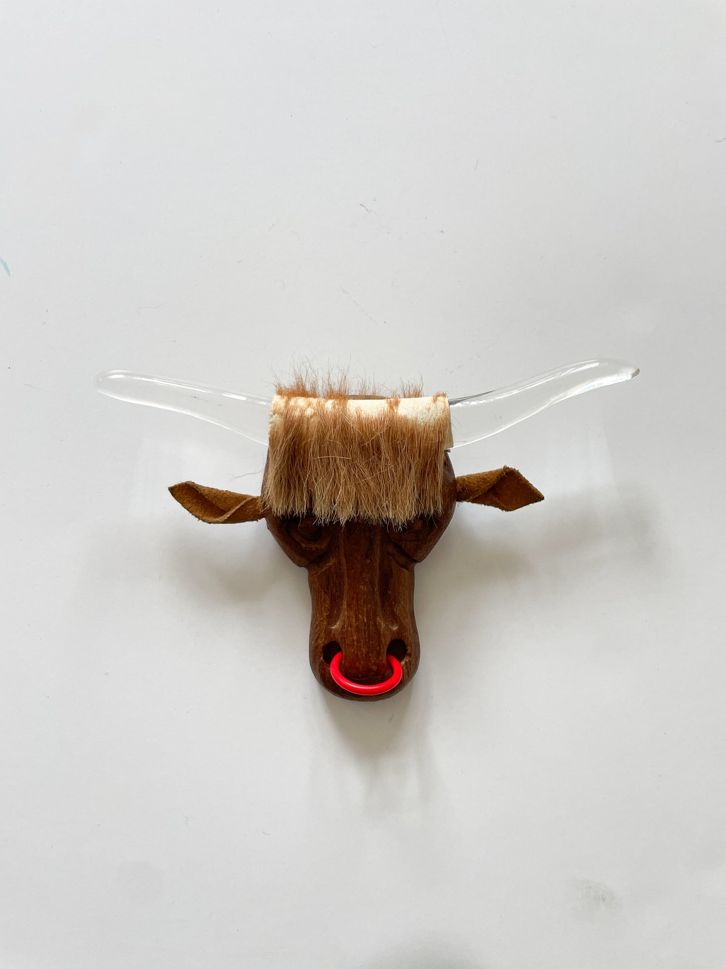 1940s Vintage Lucite Wood Suede Bull Head Novelty Brooch