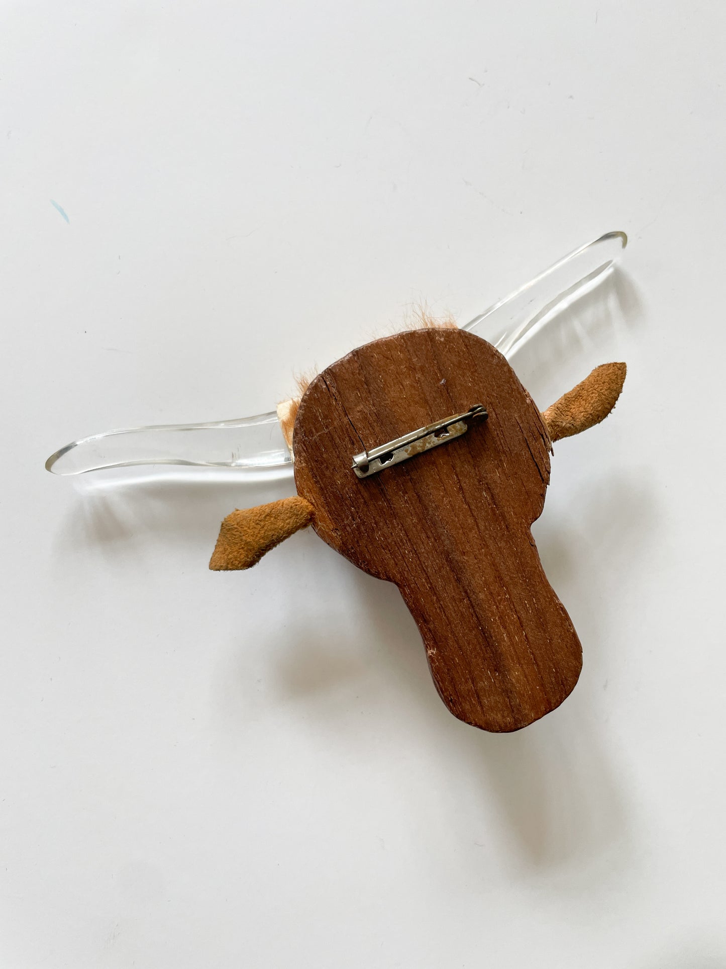1940s Vintage Lucite Wood Suede Bull Head Novelty Brooch