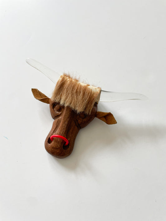 1940s Vintage Lucite Wood Suede Bull Head Novelty Brooch
