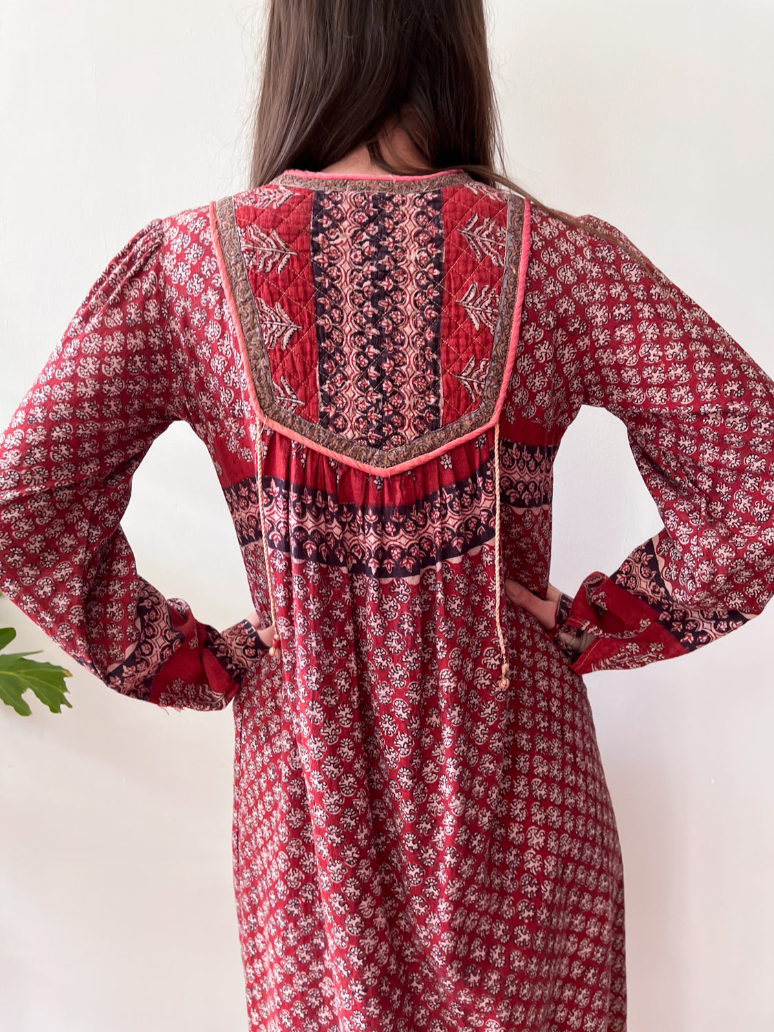 1970s Vintage Hand Block Printed Quilted Bib Indian Cotton Dress