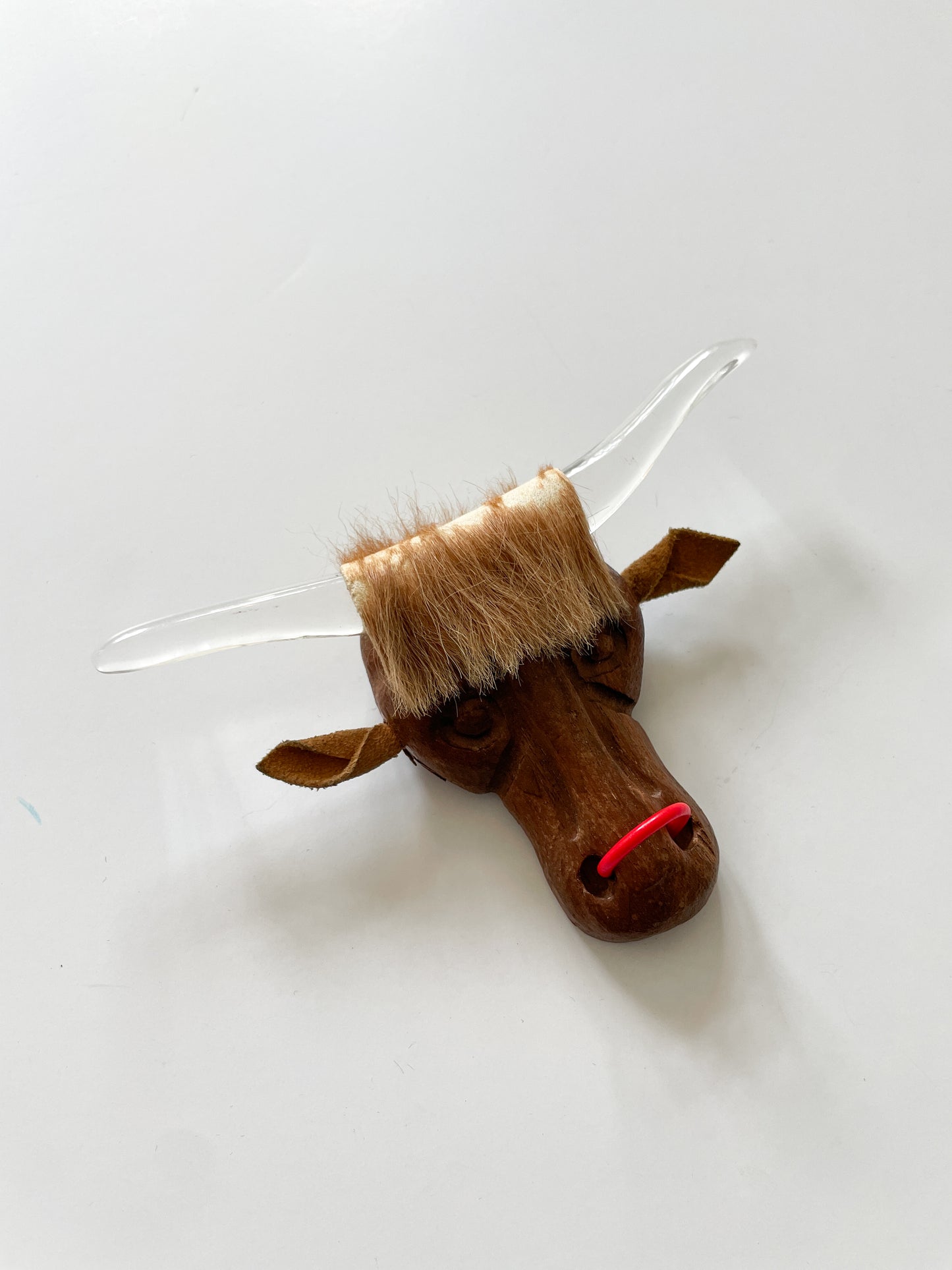 1940s Vintage Lucite Wood Suede Bull Head Novelty Brooch