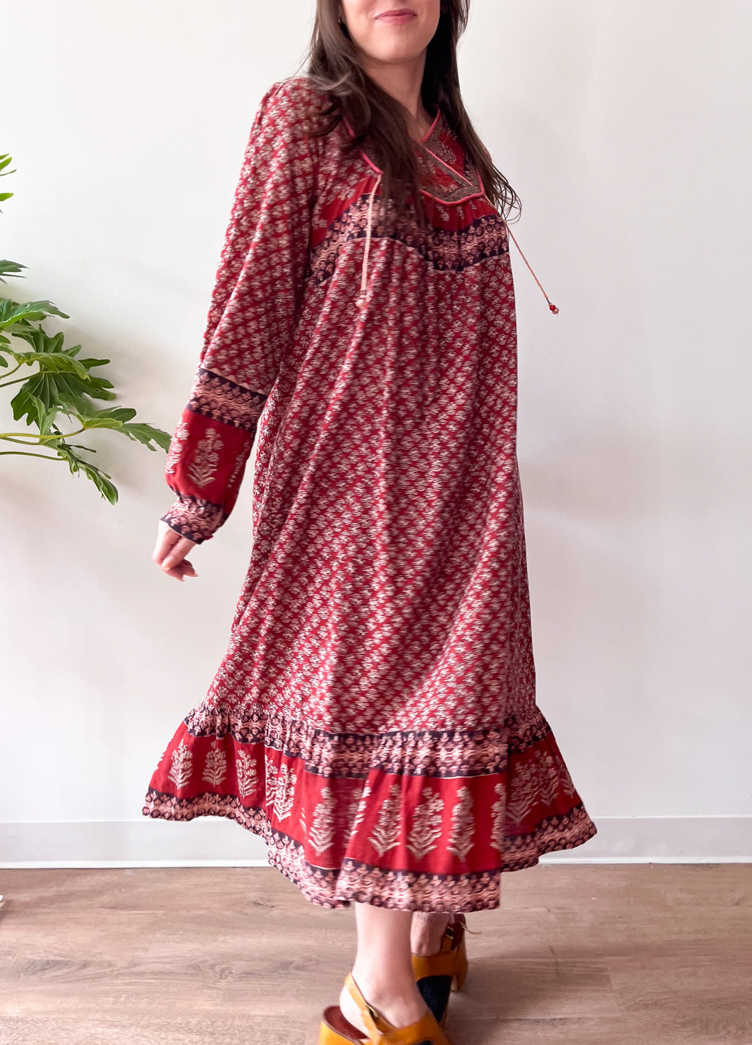 1970s Vintage Hand Block Printed Quilted Bib Indian Cotton Dress