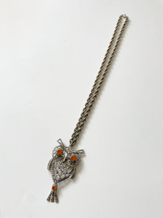 1970s Vintage Articulated Large Owl Novelty Statement Necklace