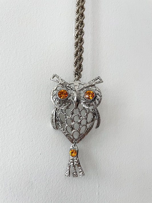 1970s Vintage Articulated Large Owl Novelty Statement Necklace