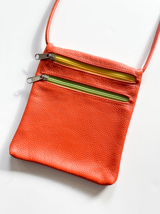 1990s Vintage Citrus Fruit Orange Leather Zip Pouch Purse