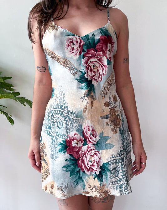 1990s Vintage 100% Silk Floral Pattern Lingerie Full Slip