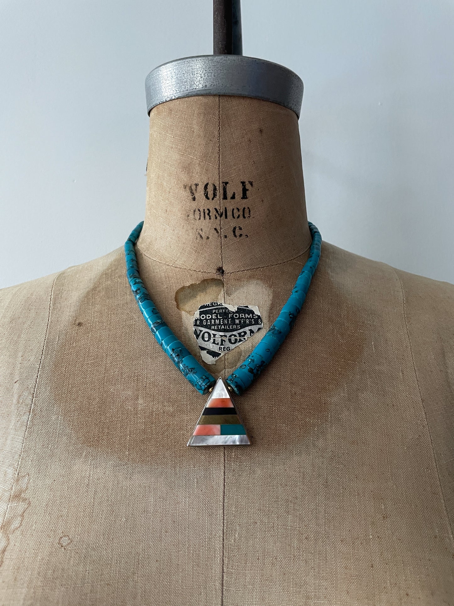 1980s Vintage Pyramid Inlay with Heishi Turquoise Beads Statement Necklace