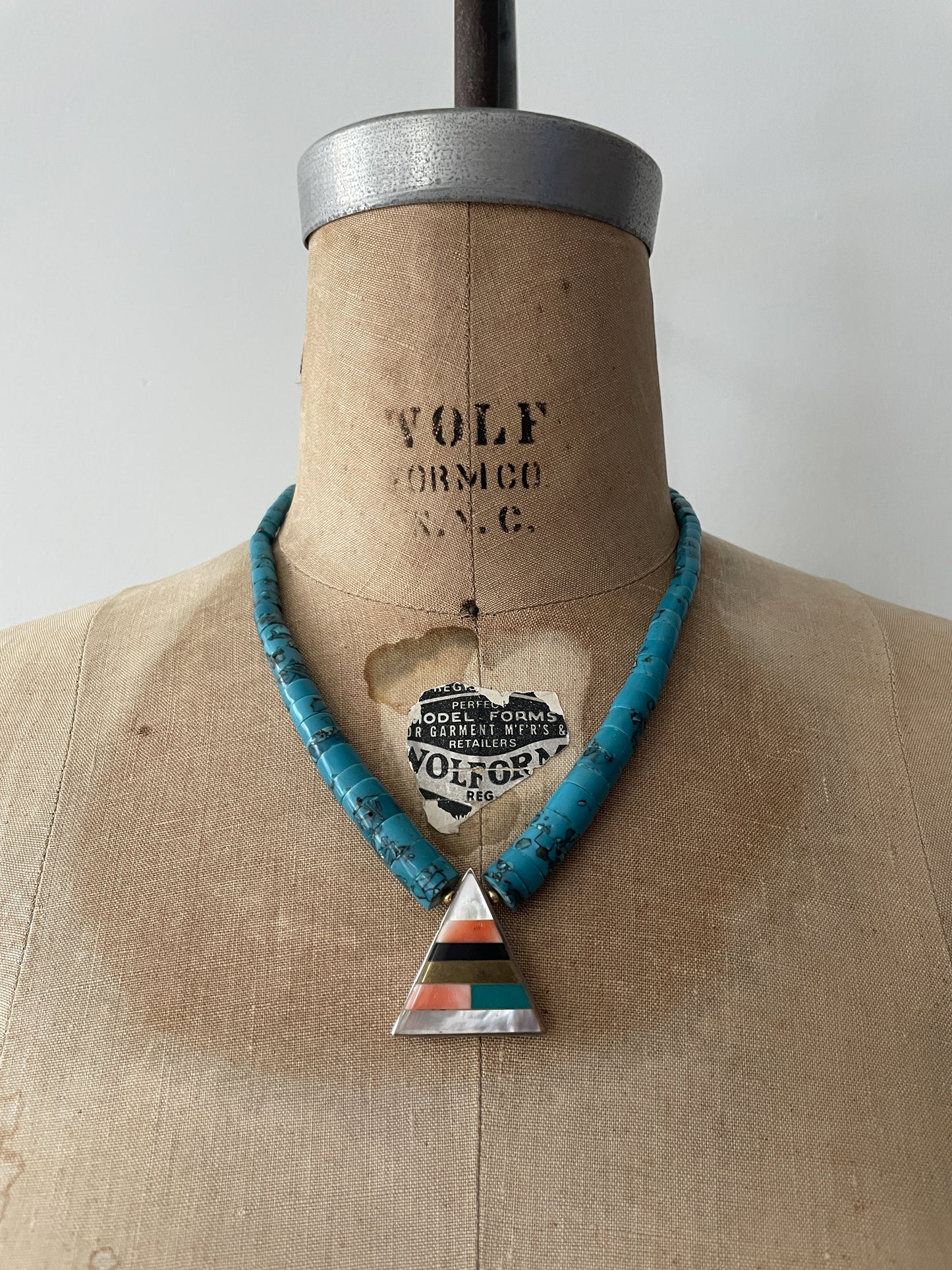 1980s Vintage Pyramid Inlay with Heishi Turquoise Beads Statement Necklace