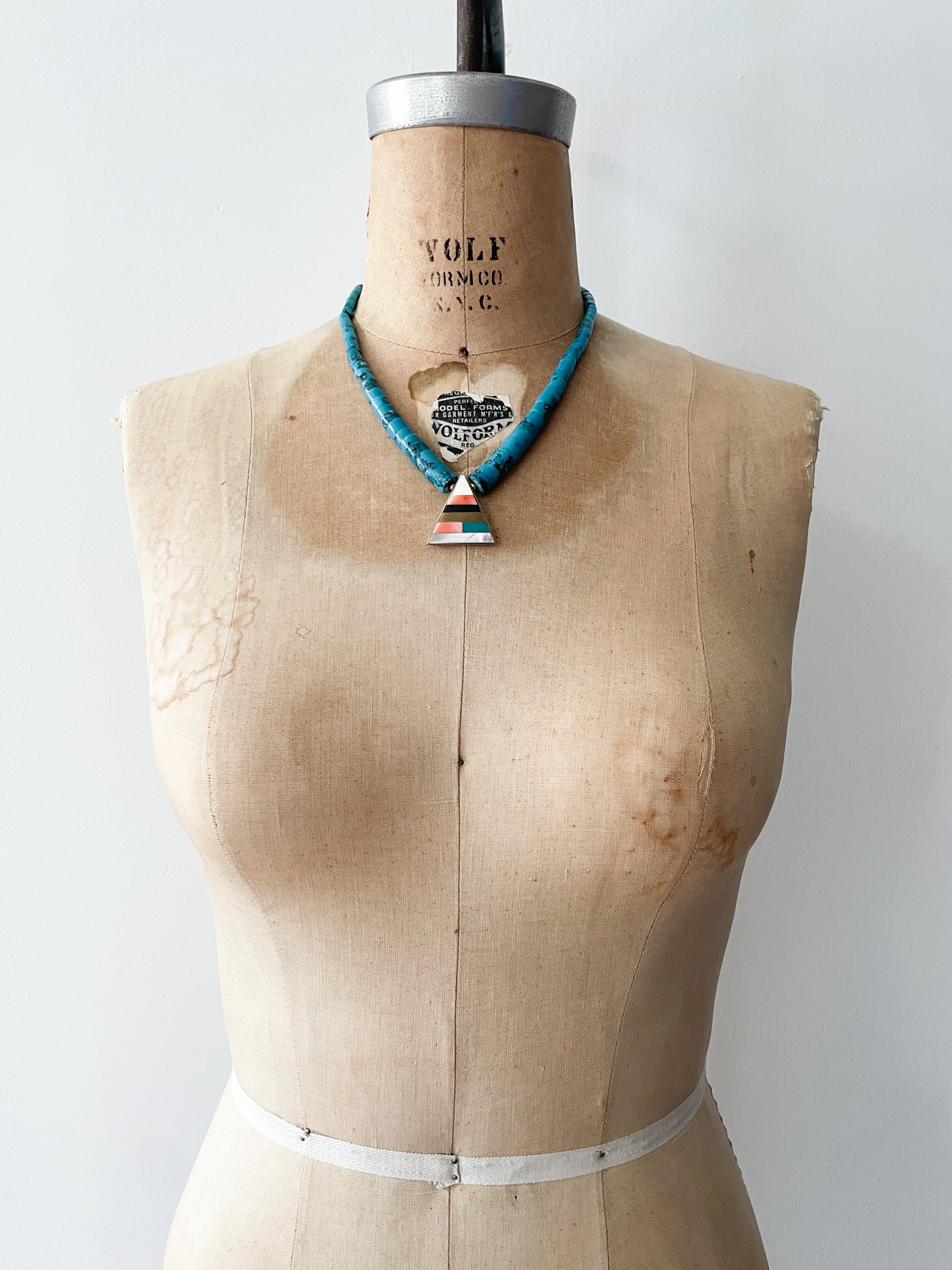 1980s Vintage Pyramid Inlay with Heishi Turquoise Beads Statement Necklace