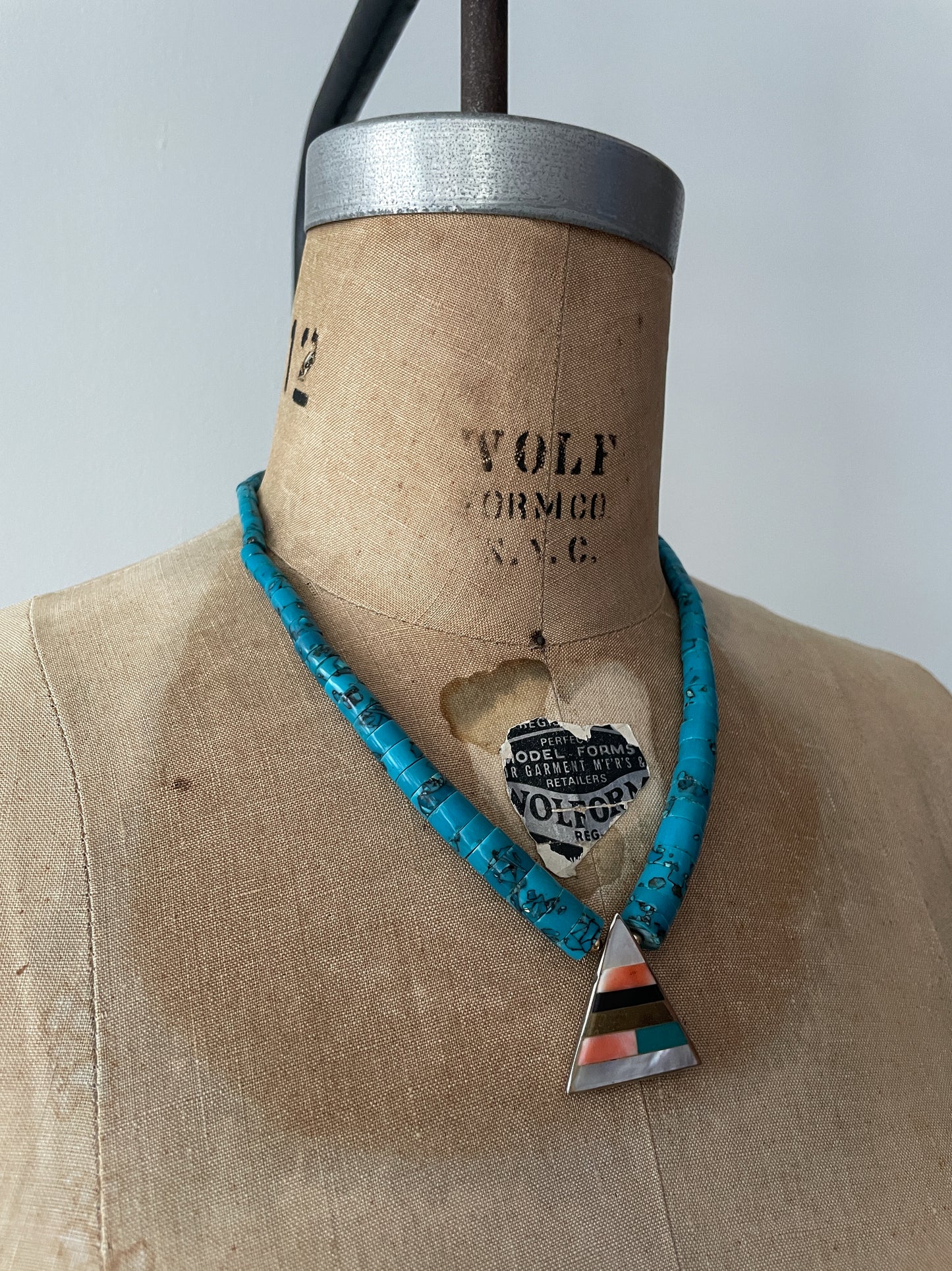 1980s Vintage Pyramid Inlay with Heishi Turquoise Beads Statement Necklace