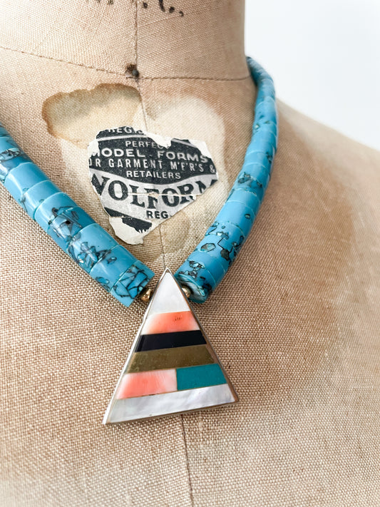 1980s Vintage Pyramid Inlay with Heishi Turquoise Beads Statement Necklace