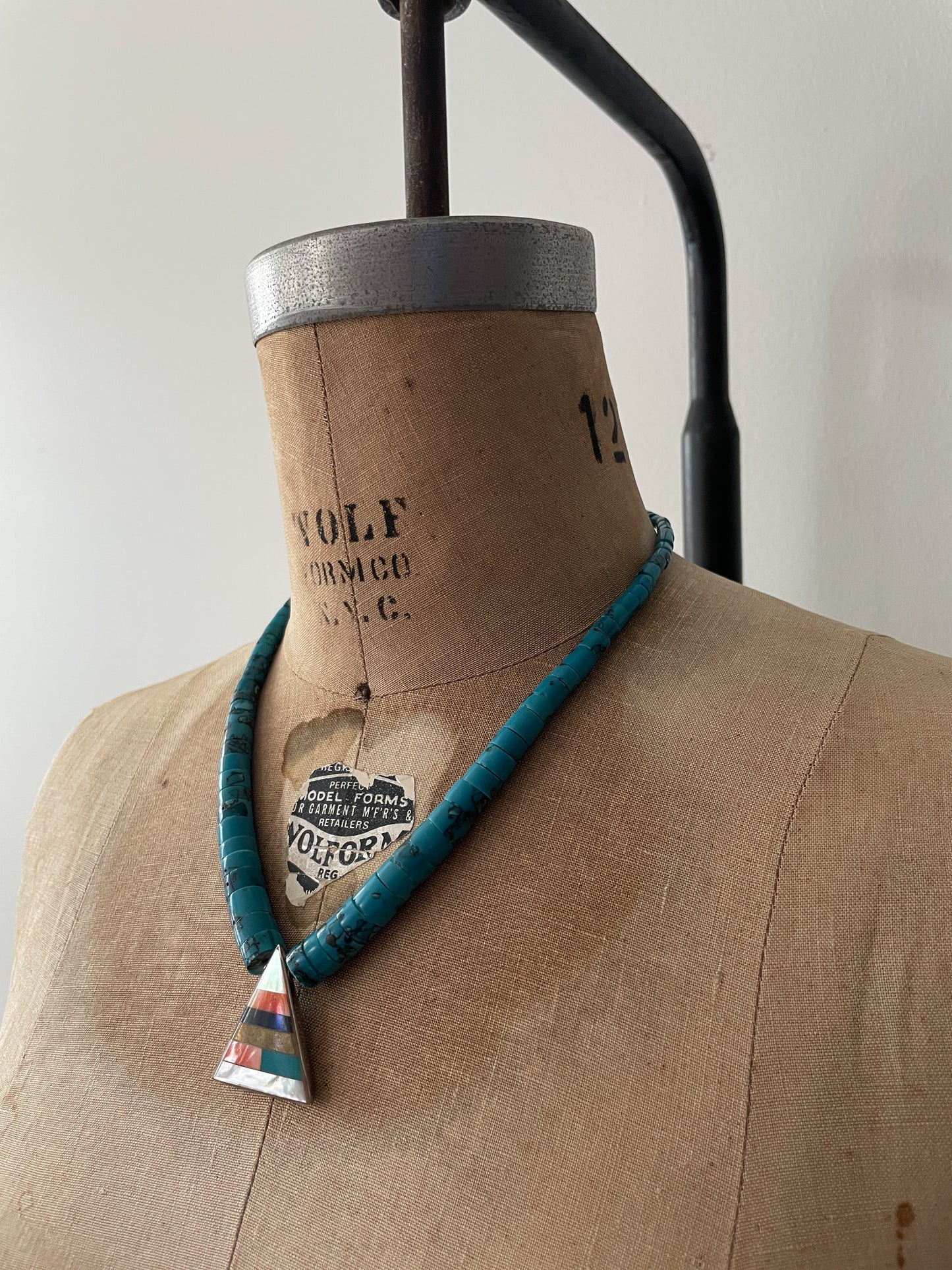 1980s Vintage Pyramid Inlay with Heishi Turquoise Beads Statement Necklace