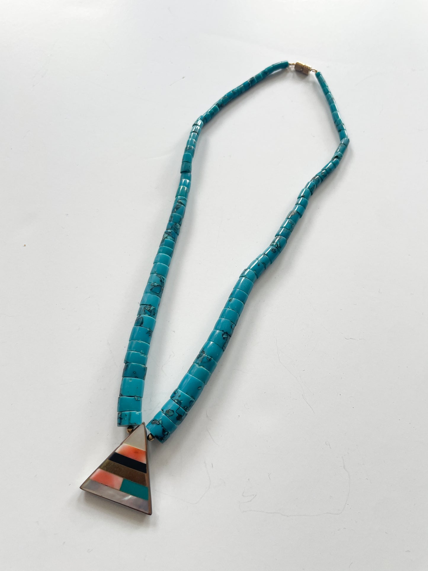 1980s Vintage Pyramid Inlay with Heishi Turquoise Beads Statement Necklace