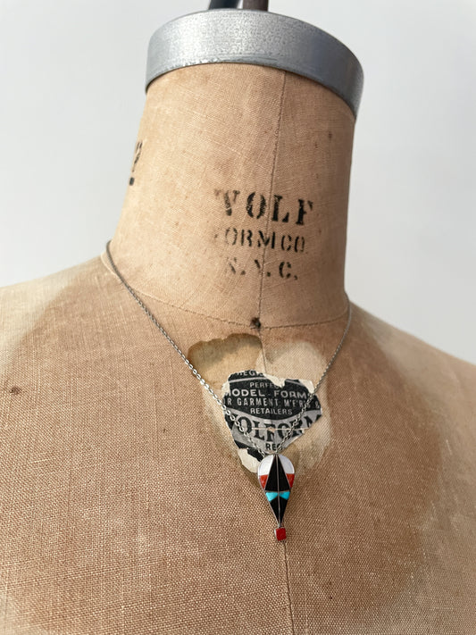 1970s Vintage Hot Air Balloon Turquoise Onyx Coral Inlay Sterling Necklace