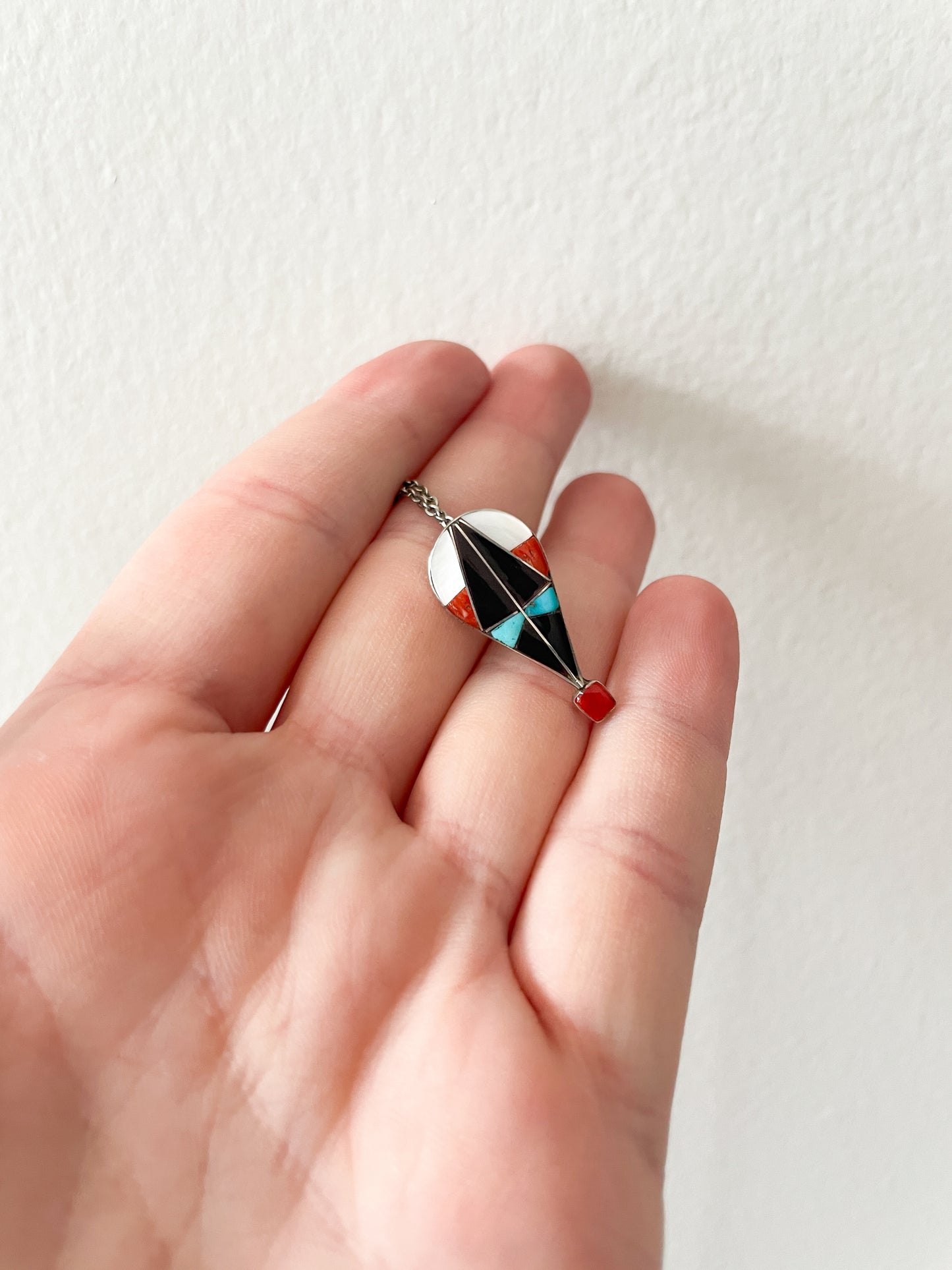 1970s Vintage Hot Air Balloon Turquoise Onyx Coral Inlay Sterling Necklace