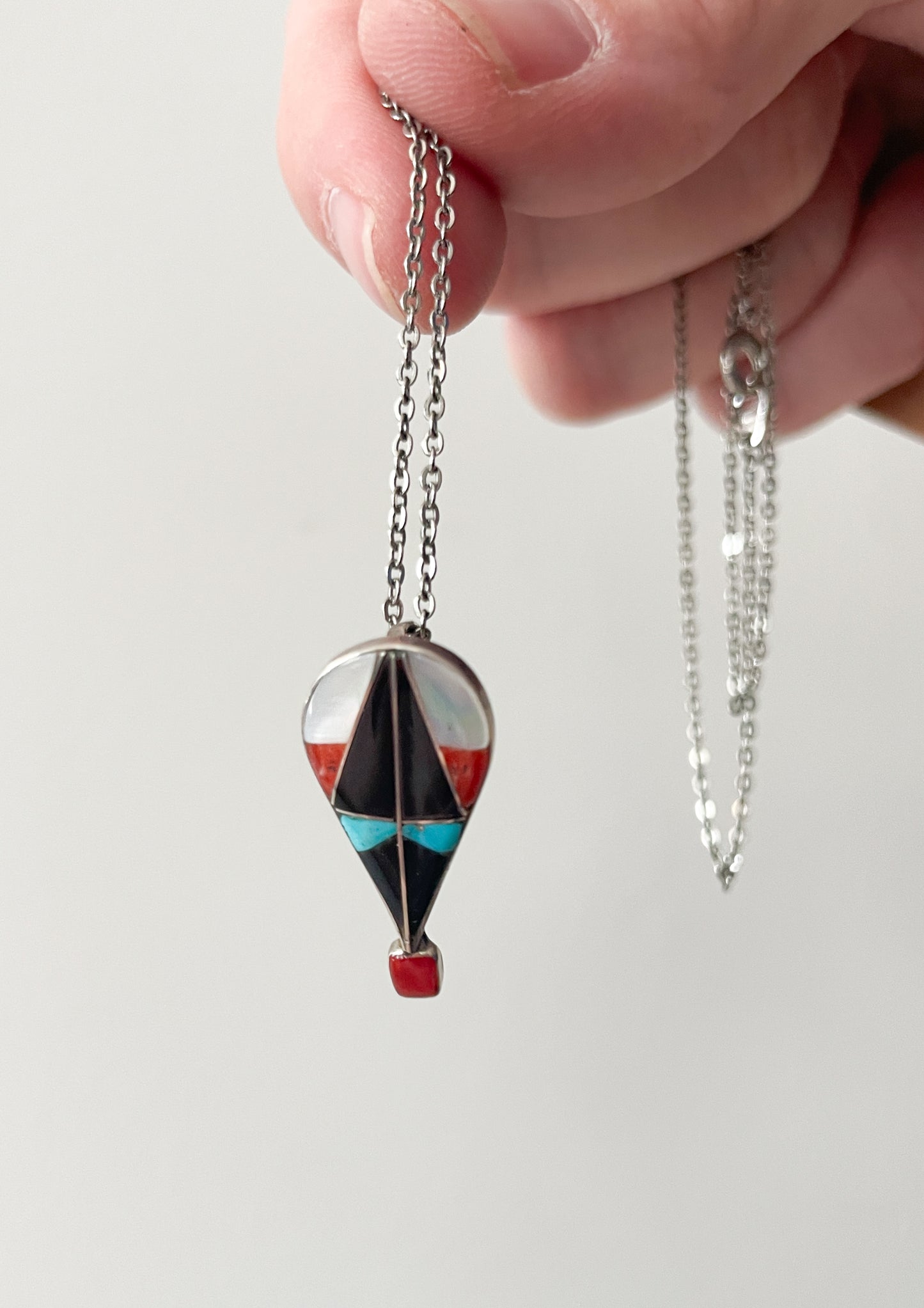 1970s Vintage Hot Air Balloon Turquoise Onyx Coral Inlay Sterling Necklace