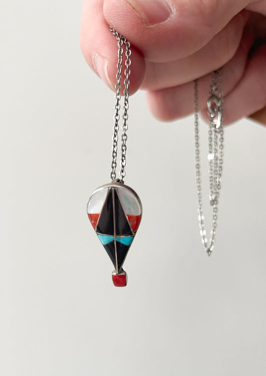 1970s Vintage Hot Air Balloon Turquoise Onyx Coral Inlay Sterling Necklace