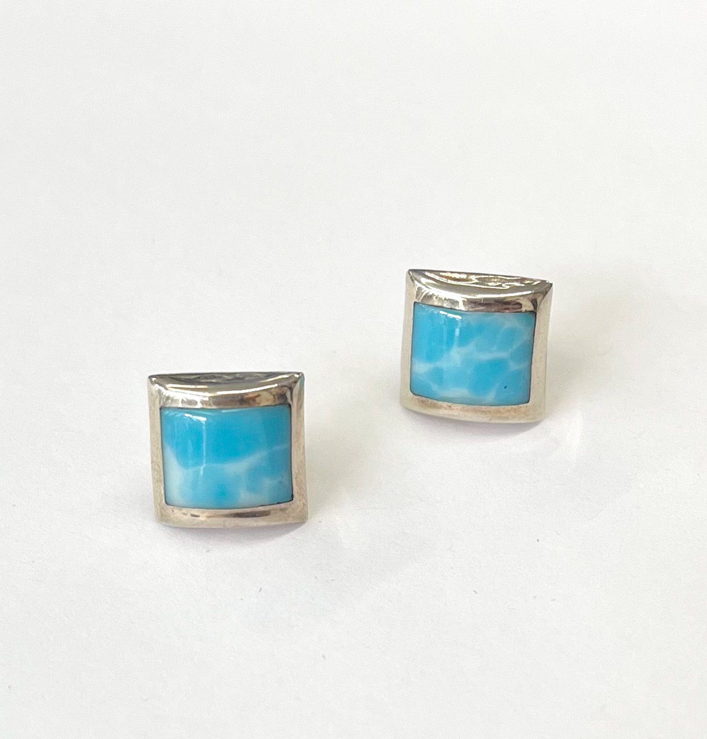 1980s Vintage Sterling Larimar Blue White Sky Stone Stud Earrings