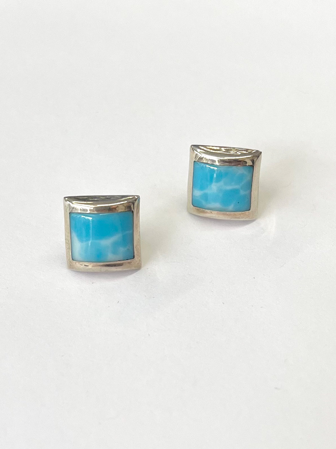 1980s Vintage Sterling Larimar Blue White Sky Stone Stud Earrings