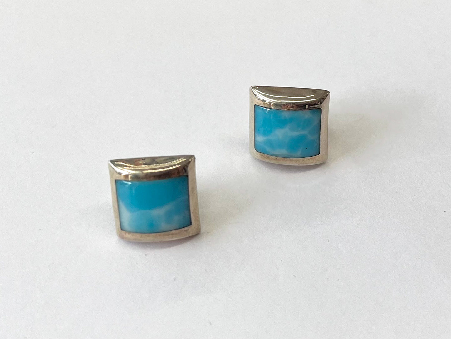 1980s Vintage Sterling Larimar Blue White Sky Stone Stud Earrings