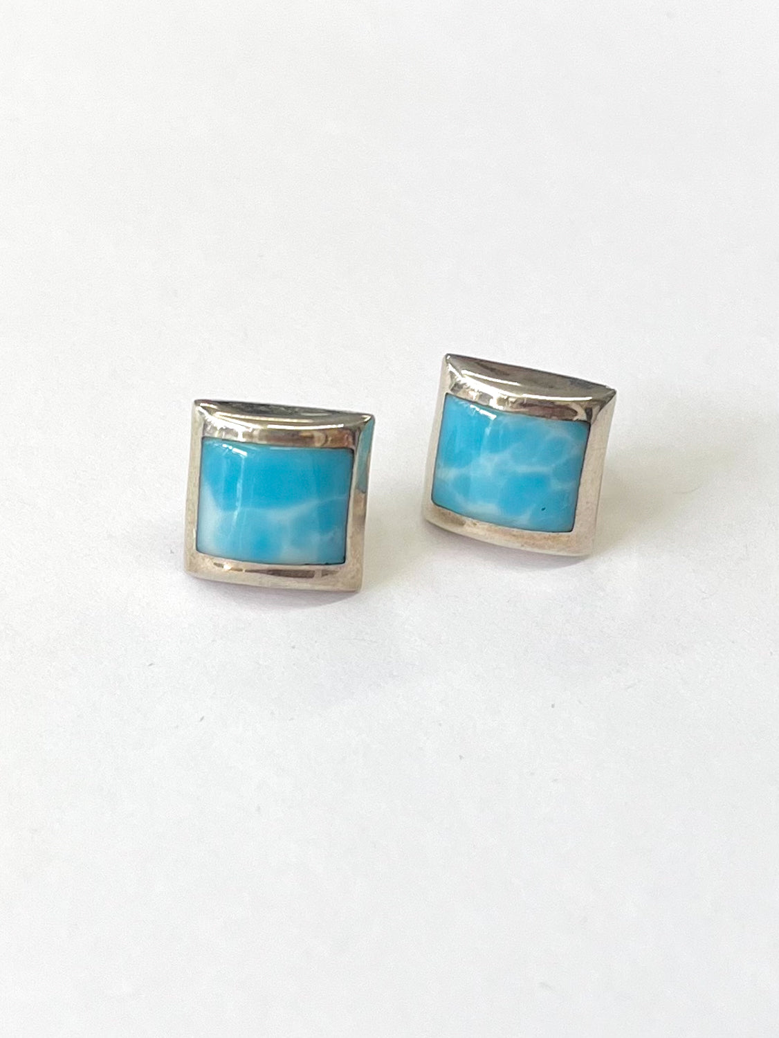 1980s Vintage Sterling Larimar Blue White Sky Stone Stud Earrings