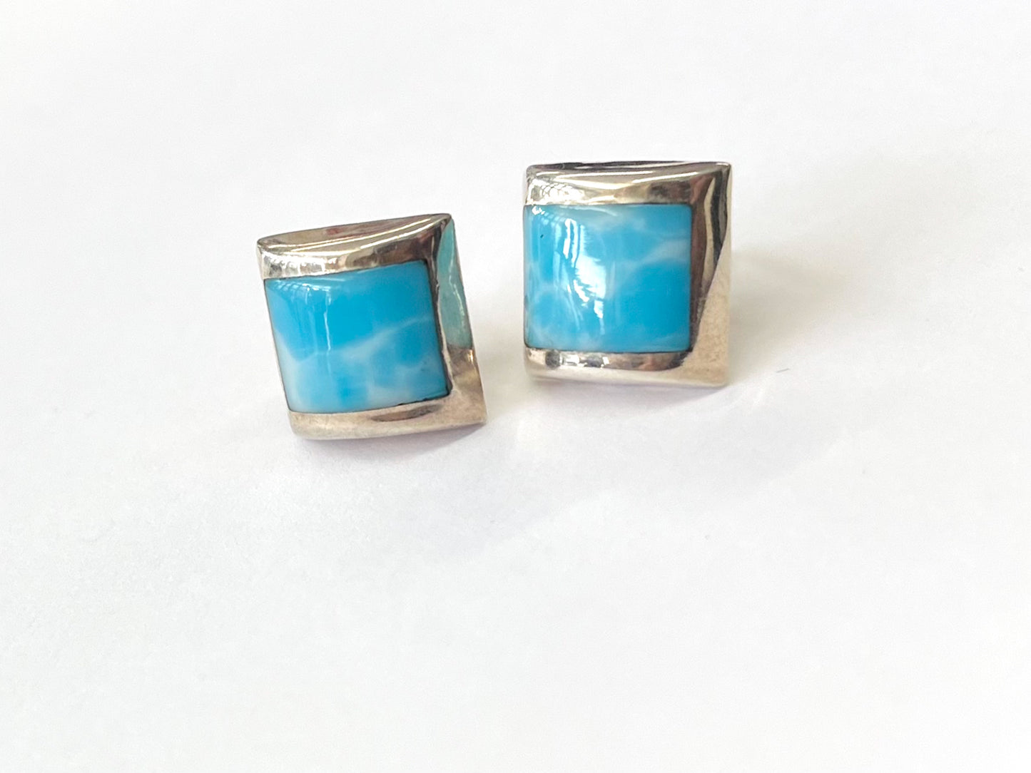 1980s Vintage Sterling Larimar Blue White Sky Stone Stud Earrings