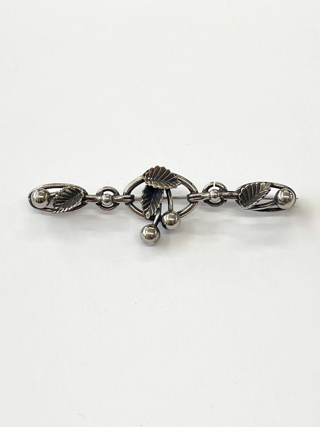 1940s - 1950s Vintage Sterling Silver Cherry Leaves Bar Brooch