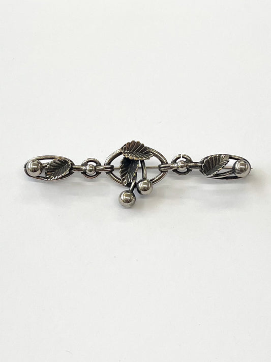 1940s - 1950s Vintage Sterling Silver Cherry Leaves Bar Brooch