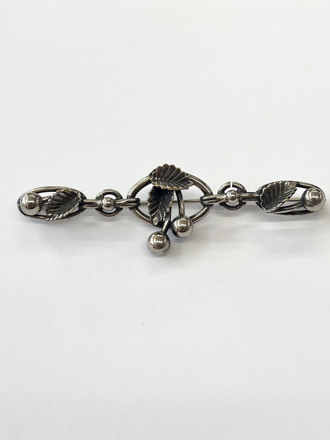 1940s - 1950s Vintage Sterling Silver Cherry Leaves Bar Brooch