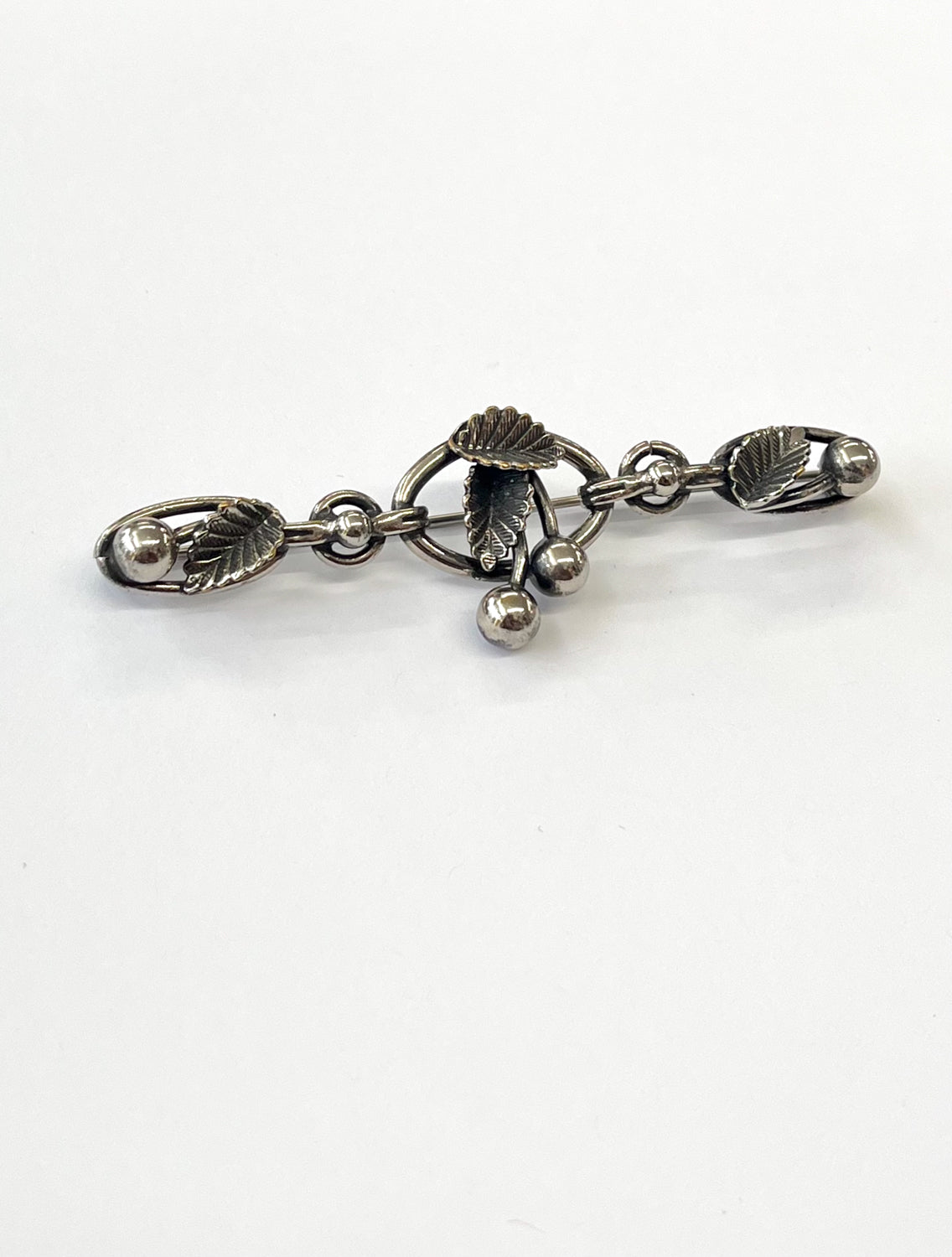 1940s - 1950s Vintage Sterling Silver Cherry Leaves Bar Brooch