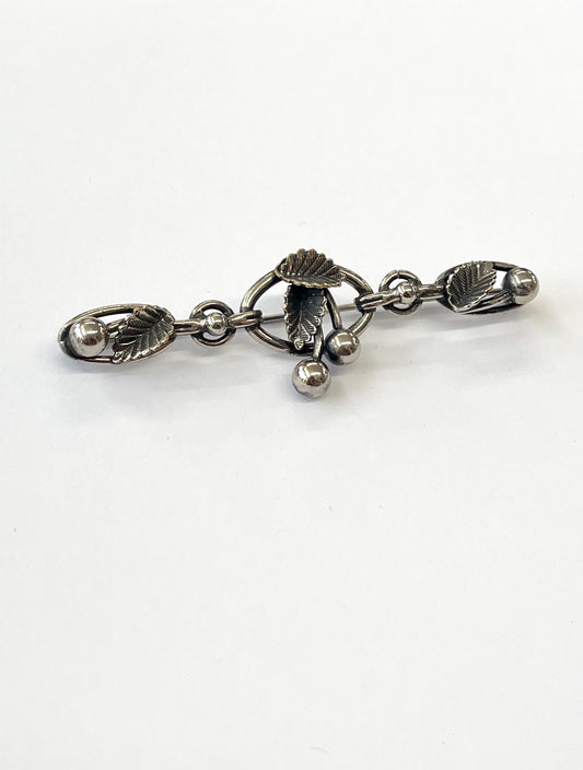 1940s - 1950s Vintage Sterling Silver Cherry Leaves Bar Brooch