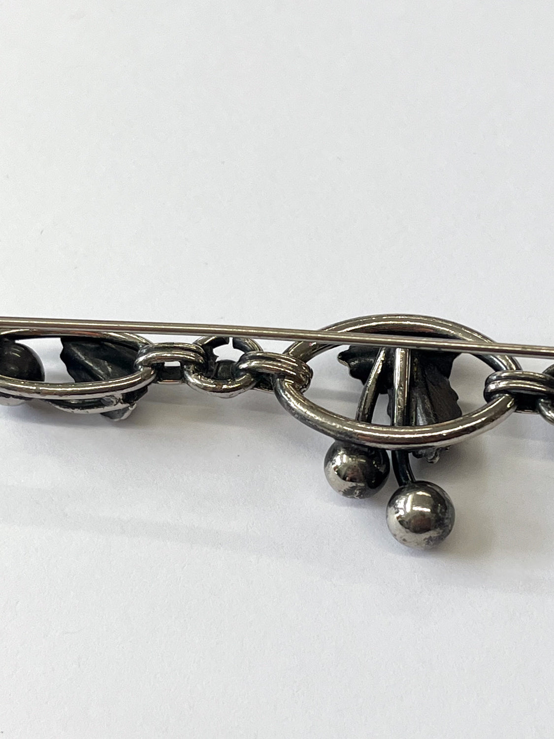 1940s - 1950s Vintage Sterling Silver Cherry Leaves Bar Brooch
