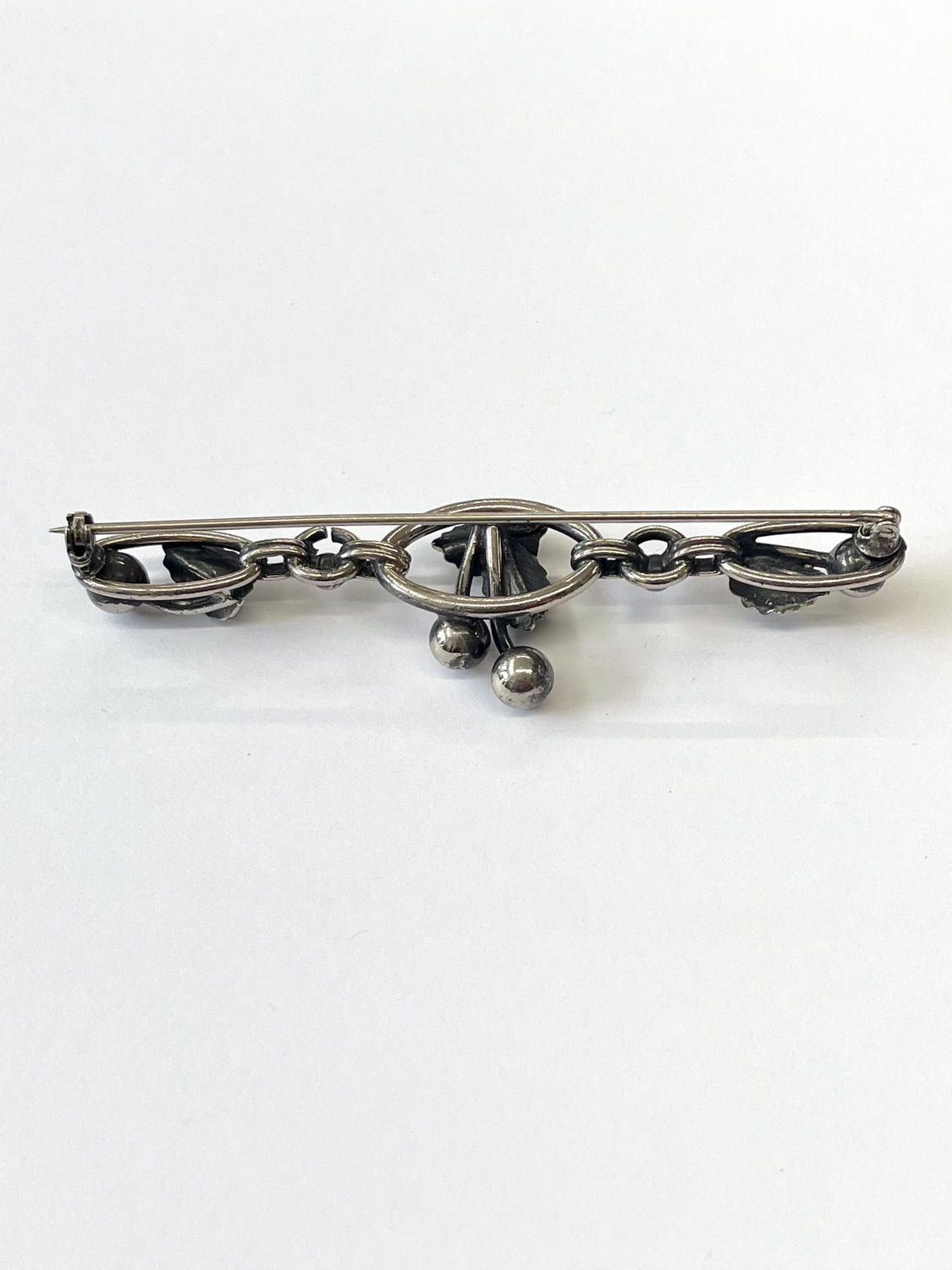 1940s - 1950s Vintage Sterling Silver Cherry Leaves Bar Brooch