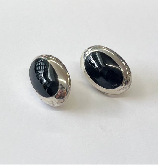 1980s Vintage Signed Sterling + Onyx Oval Stud Earrings - Taxco, Mexico