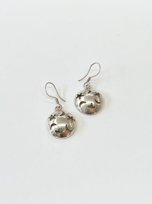 1980s Vintage Sterling Silver Moon and Stars Drop Earrings - Taxco, Mexcio