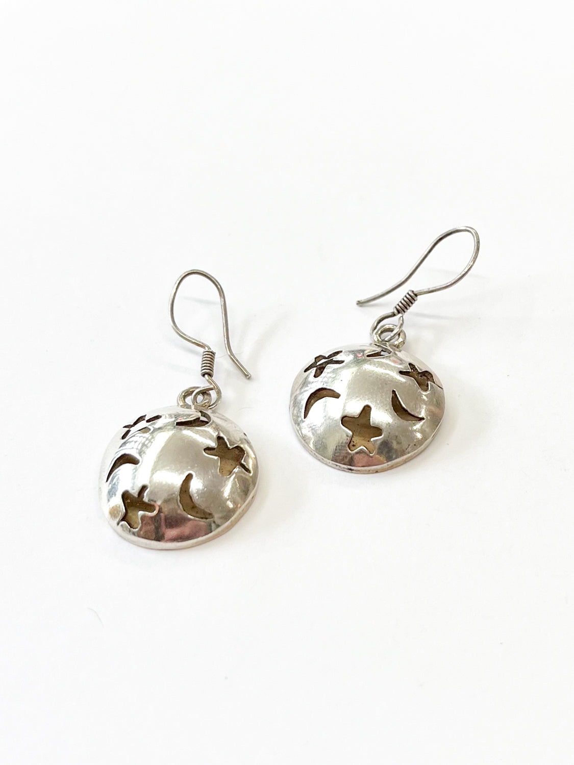 1980s Vintage Sterling Silver Moon and Stars Drop Earrings - Taxco, Mexcio