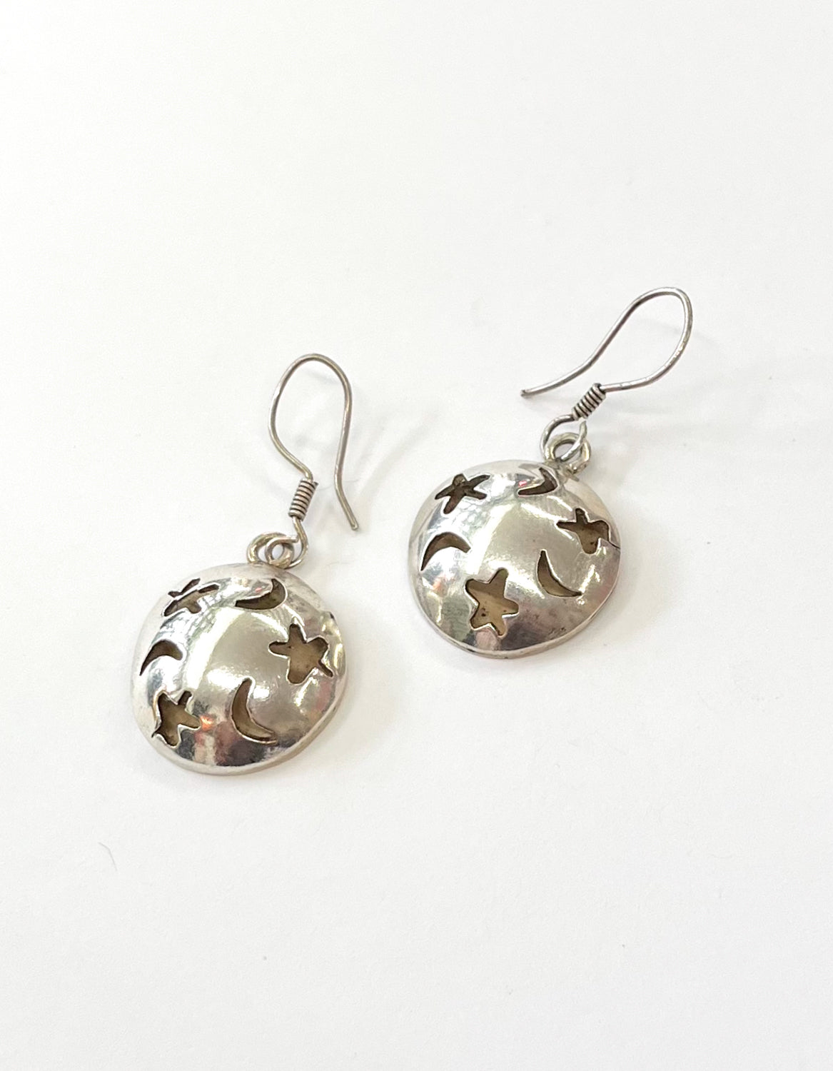 1980s Vintage Sterling Silver Moon and Stars Drop Earrings - Taxco, Mexcio