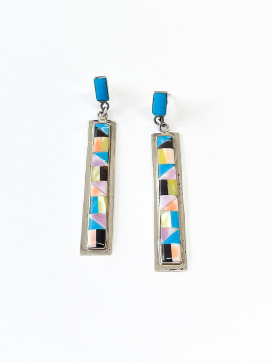 1980s Vintage Inlay Stone Long Earrings