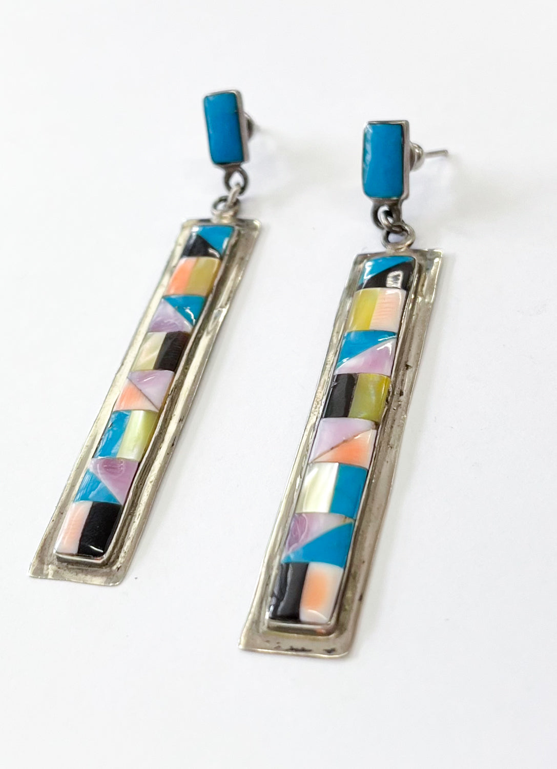 1980s Vintage Inlay Stone Long Earrings