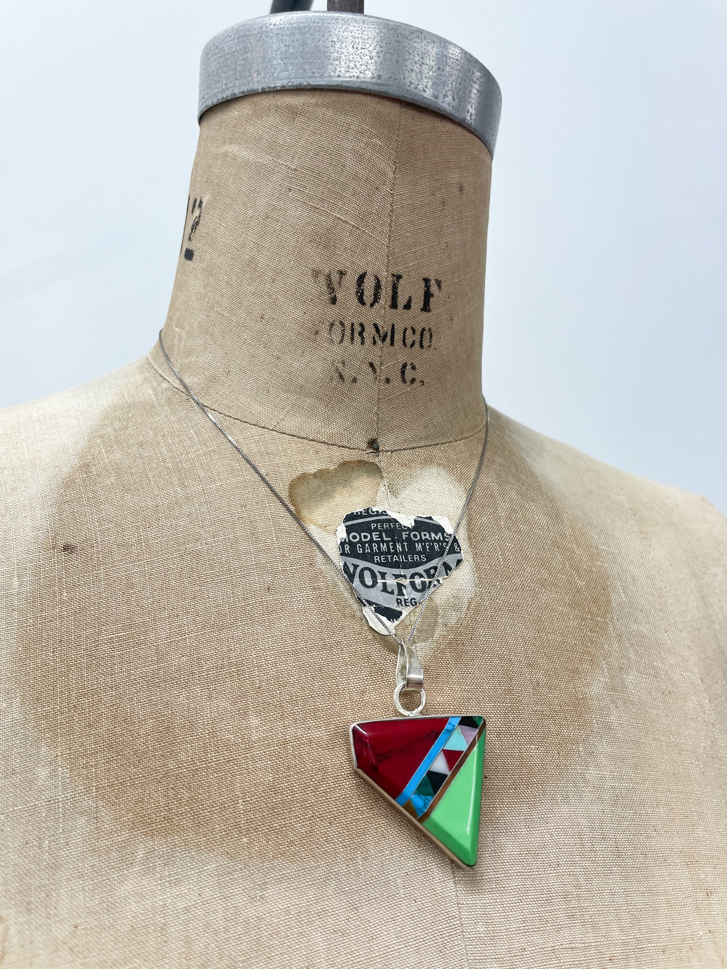1980s Vintage Sterling Multi Stone Asymmetrical Inlay Necklace