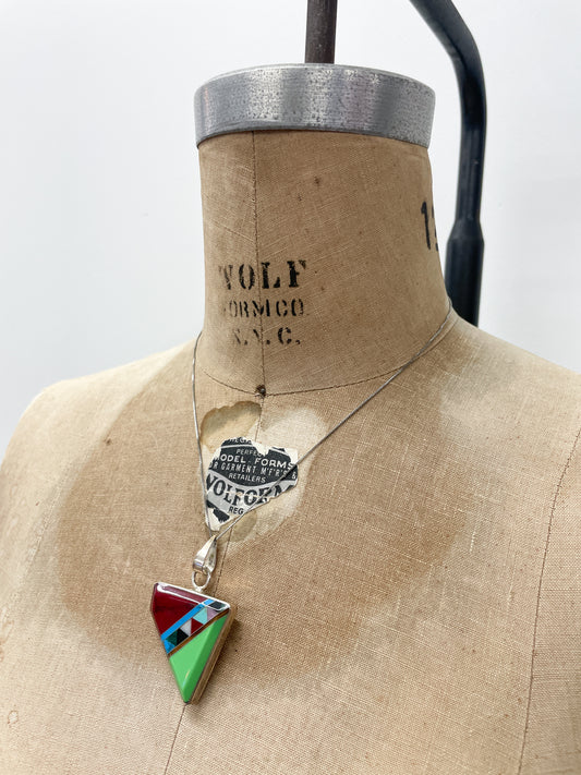 1980s Vintage Sterling Multi Stone Asymmetrical Inlay Necklace