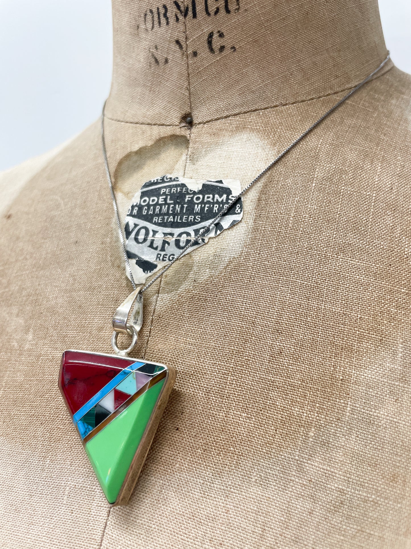 1980s Vintage Sterling Multi Stone Asymmetrical Inlay Necklace