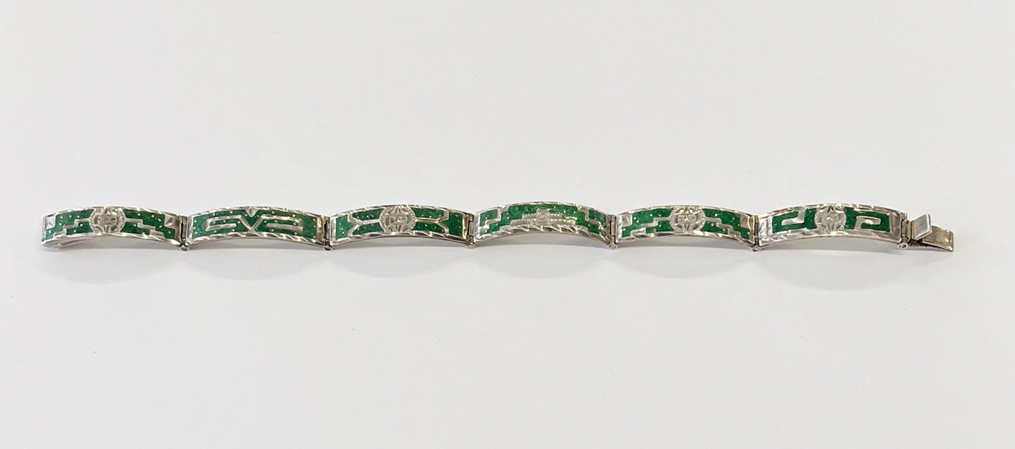 1980s Vintage Crushed Malchite Sterling Silver Mayan Mexico Panel Link Inlay Bracelet